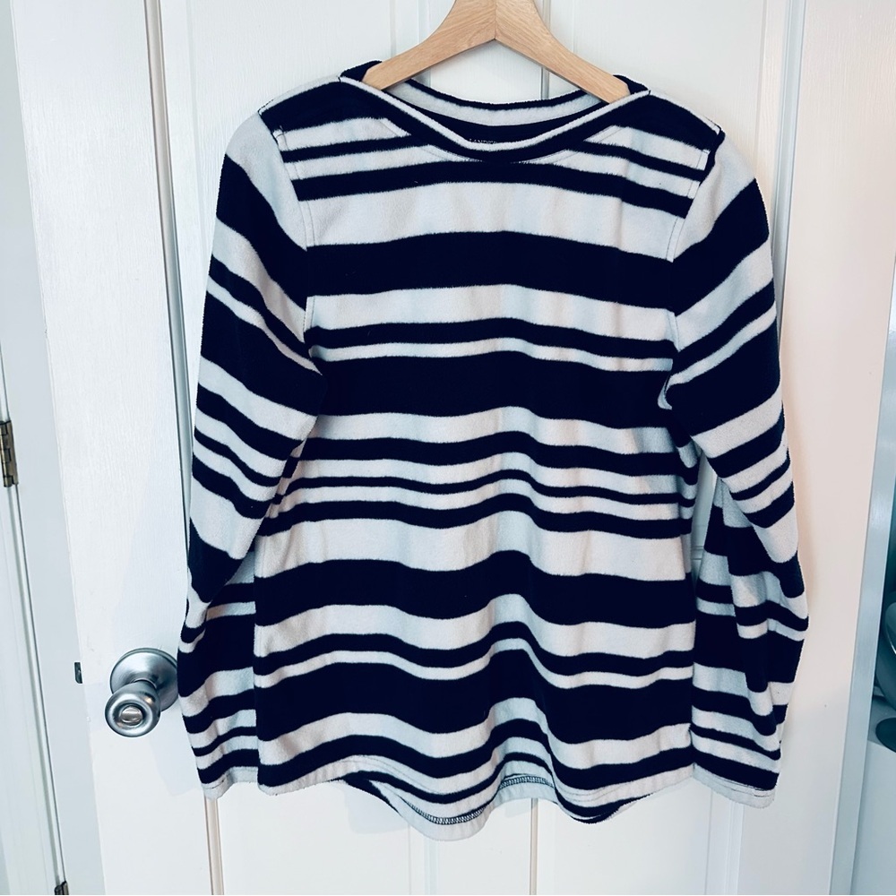 Lands’ End Women’s Navy & White Striped Fleece Boatneck Pullover Size M